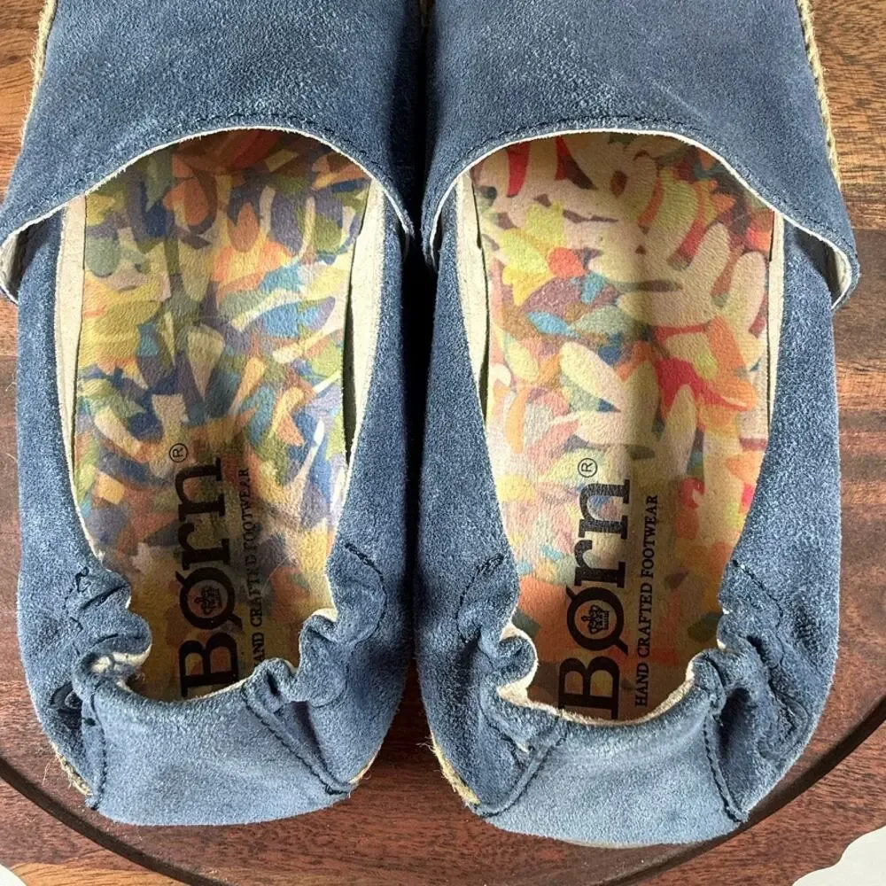 Born Castries Espadrille Flats Blue Suede Leather Slip-On Comfort Shoes 6M